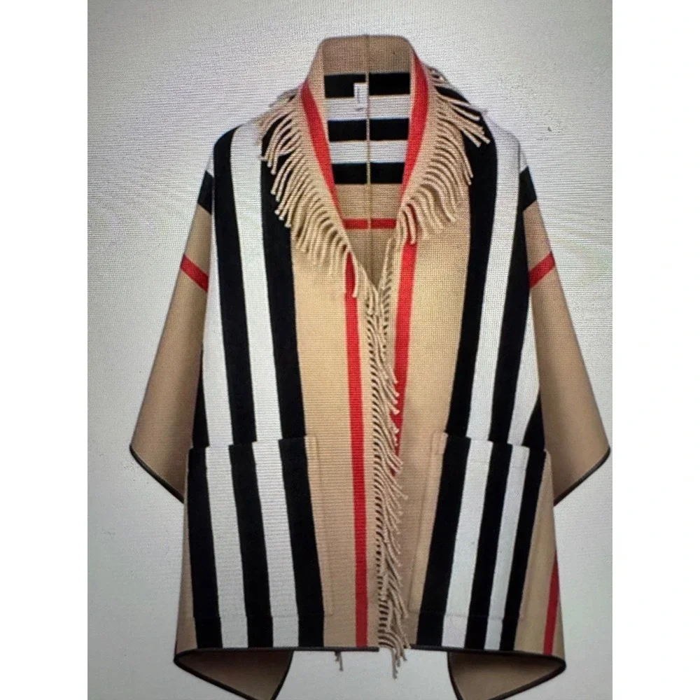 Burberry  Fringe Cape Poncho Wrap Shawl pockets stripes archive  beige wool NEW